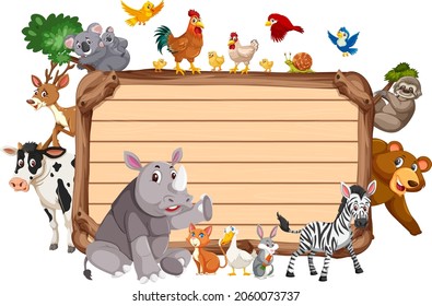 Empty wooden board with various wild animals illustration