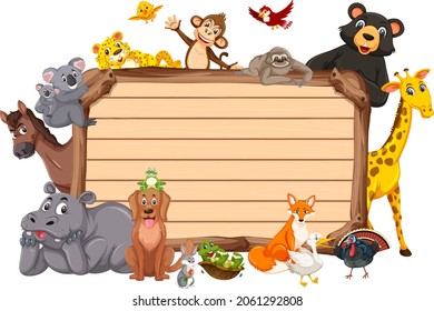 Empty wooden board with various wild animals illustration