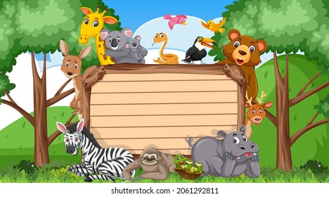 Cartel de madera vacío con varios animales salvajes en la ilustración forestal