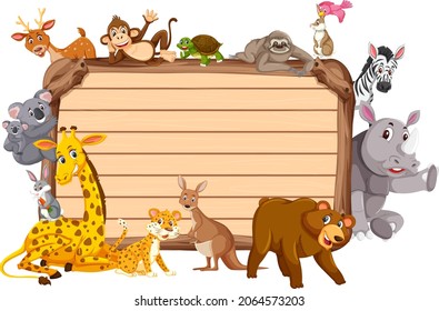Empty wooden board with various wild animals illustration