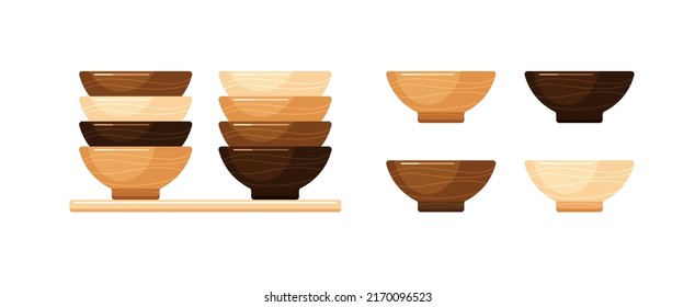 Cuencos de madera vacíos, platos profundos o platos para sopa y ensalada. Juego de dibujos animados vectores de vajilla de cocina, utensilios ecológicos apilados en estantería y aislados en fondo blanco