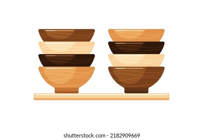 Empty wooden bowls, deep plates or dishes for soup and salad. Vector cartoon set of kitchen tableware, utensil in stack on shelf of home interior or shop, market and isolated on white background