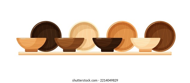 Empty wooden bowls, deep plates or dishes for soup, garnish and salad. Vector cartoon set of serving tableware, eco friendly utensil on kitchen or store shelf isolated on white background