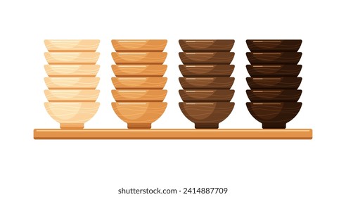 Empty wooden bowls, deep plates or dishes for soup and salad. Kitchen tableware, utensil in stack on shelf of home interior or shop, market. Vector flat cartoon set isolated on white background