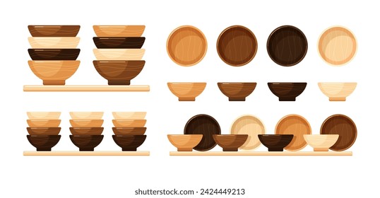 Cuencos vacíos de madera, platos o platos profundos para sopa, salsa, guarnición y ensalada. Videojuego de dibujos animados planos vectores de la vajilla de la cocina, utensilios apilados en una estantería en el interior o la tienda de la casa, vista lateral y superior