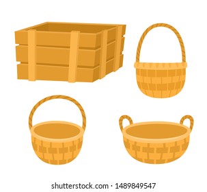 Empty wooden box and baskets for fruits and vegetables isolated on white. Vector set of elements of storage of products used for decoration book, poster, games, web pages.
