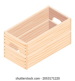 Caja de madera vacía, aislada en blanco, vista isométrica. Vector