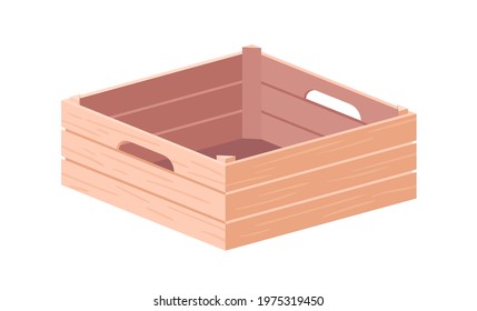 Empty wooden box with handles. Farm crate from wood planks for fruits and vegetables. Open container for grocery and harvest. Colored flat vector illustration of joinery isolated on white background