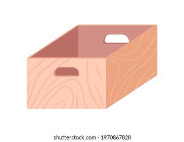 Empty wooden box with handles. Realistic wood crate for storage and transportation. Open container for fruits and vegetables. Colored flat vector illustration isolated on white background