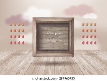 Empty wooden box  on  background with clouds.  wooden texture