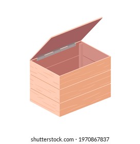 Empty wooden box with open cover. Wood crate with lid from planks. Container for harvest storage and transportation. Colored flat vector illustration of plywood package isolated on white background