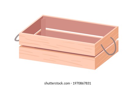 Empty wooden box with twine handles. Wood crate from plywood for farms, gardens and markets. Open rectangular container from planks. Realistic colored flat vector illustration isolated on white