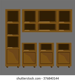 Empty wooden Cabinet and shelves. Vector illustration.