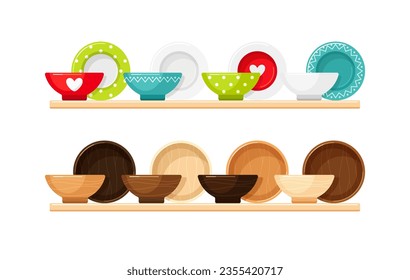 Empty wooden, ceramic bowls, plates, dishes for soup, garnish and salad. Vector flat cartoon set of kitchen serving tableware, utensil on kitchen or store shelf isolated on white background