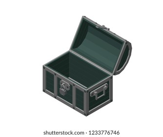 Empty wooden chest. Isolated on white background. 3d Vector illustration. Isometric projection.