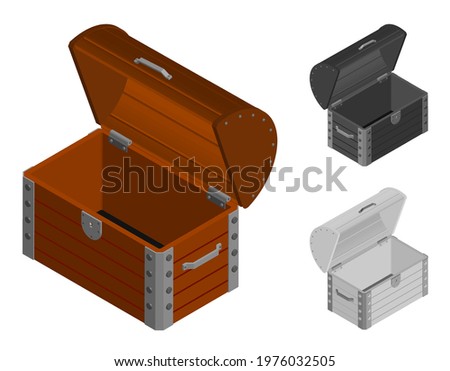 empty wooden chest with open lid. Failure to find pirate treasures. Isometric 3D vector