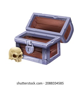 Empty wooden chest, vector open pirate old trunk, corsair skull, iron lock, UI lose badge on white. Vintage game antique case, mystery fantasy timber box, spiderweb. Empty brown ancient chest clipart