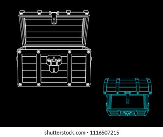 Empty wooden chest. Vector outline illustration. Different viewes.