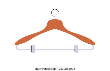 Empty wooden clothes hanger with metal clips for skirts, trousers. Apparel accessory with clamps for hanging top and bottom garments. Flat vector illustration isolated on white background