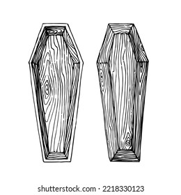 An empty wooden coffin with a lid. Vector illustration with black lines isolated on white background in a doodle and hand drawn style.