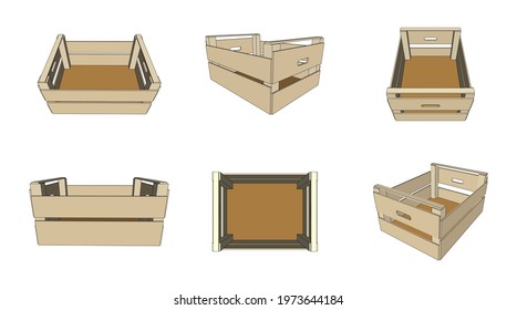 Empty Wooden Crates Isolated On White. Top, Front And Perspective Views. Vector.