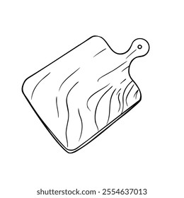 Empty wooden cutting board black white vector illustration isolated. Kitchen cutting plank hand drawn graphic line sketch for design menu, market, ingredients of dishes, label, package.