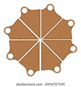 Empty wooden cutting board divided into triangles in the shape of cheese slices Pizza Flat Style