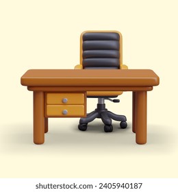 Escritorio de madera vacío con cajones, silla ergonómica de oficina. Concepto de lugar de trabajo de empleado, gerente, jefe. Ilustración vectorial realista sobre fondo amarillo