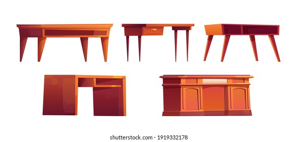 Empty wooden desks for work in office or home cabinet isolated on white background. Vector cartoon set of wood brown tables with drawers and shelves. Workspace furniture for job and study