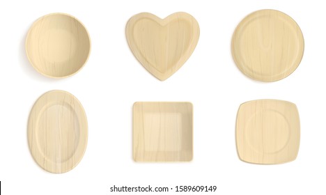 Empty wooden different shapes bowls top view. Realistic vector mockup of square, round and heart shaped plates. Set of timber crockery isolated on white background