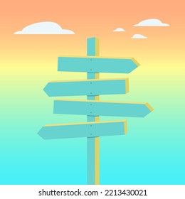 Empty wooden directions signs on the  sunset cloudy sky. Vector illustration.