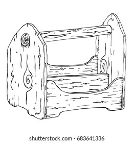 An empty wooden drawer painted by hand. Black and white wooden tool box. Vector illustration.