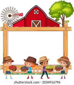 Marco de madera vacío con niños e ilustración de granero rojo