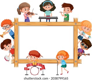 Empty wooden frame with kids playing different musical instruments illustration