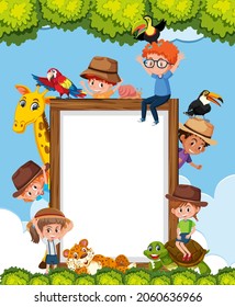 Empty wooden frame with kids and zoo animals illustration