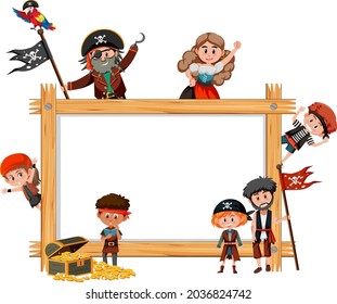 Empty wooden frame with many pirate kids cartoon character illustration