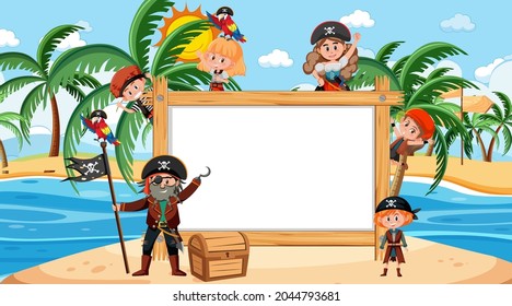 Empty wooden frame with many pirate kids cartoon character at the beach illustration