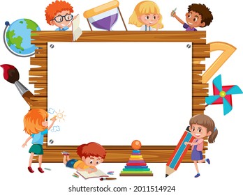 Empty wooden frame with many school kids cartoon character illustration