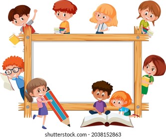 Empty wooden frame with many school kids cartoon character illustration