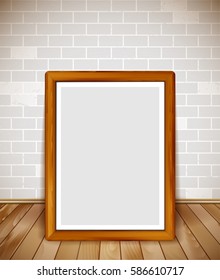 Empty wooden frame on wooden floor with brick wall background - place for your text, photo or illustration. Vector illustration.