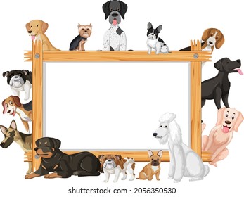 Empty wooden frame with various breeds of dogs illustration