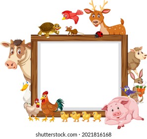 Empty wooden frame with various farm animals illustration