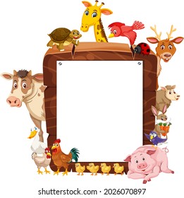 Empty wooden frame with various farm animals illustration