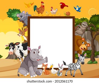 Empty wooden frame with various wild animals in the forest illustration