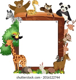 Marco de madera vacío con varias ilustraciones de animales salvajes