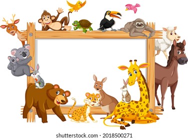 Empty wooden frame with various wild animals illustration