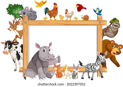 Empty wooden frame with various wild animals illustration