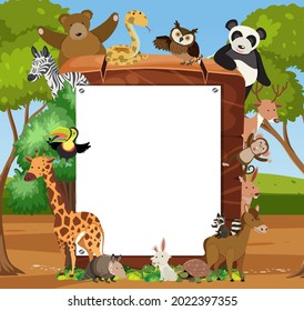 Empty wooden frame with various wild animals in the forest illustration