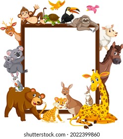 Empty wooden frame with various wild animals illustration