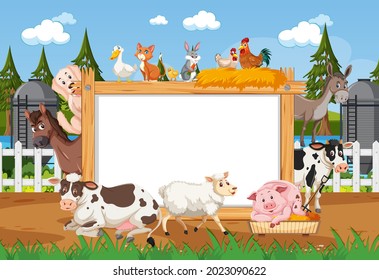 Empty wooden frame with various wild animals in the farm illustration